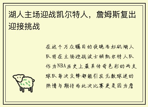 湖人主场迎战凯尔特人，詹姆斯复出迎接挑战